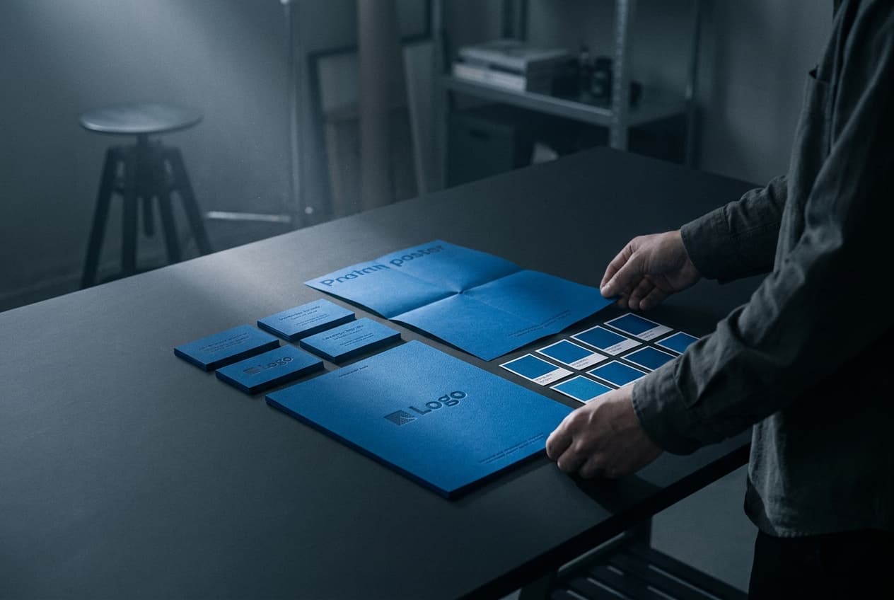 Studiotisch mit Kampagnen-Material im kobaltblauen HKM-Signal-Look